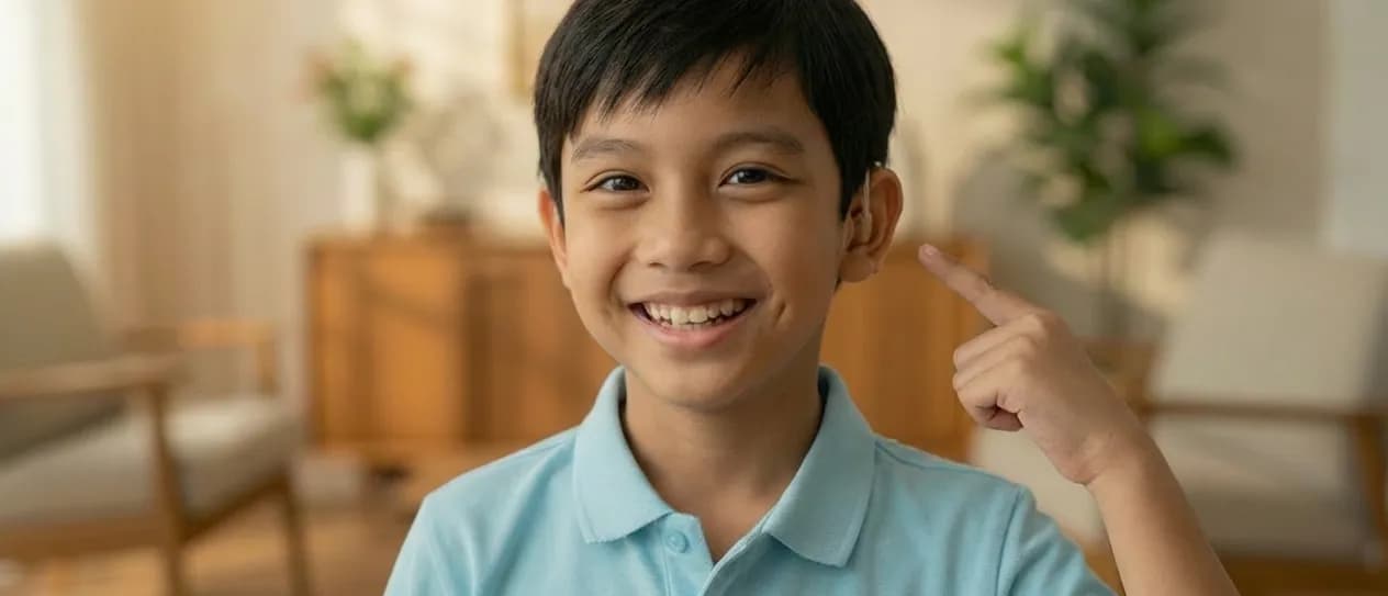 Boy pointing ear